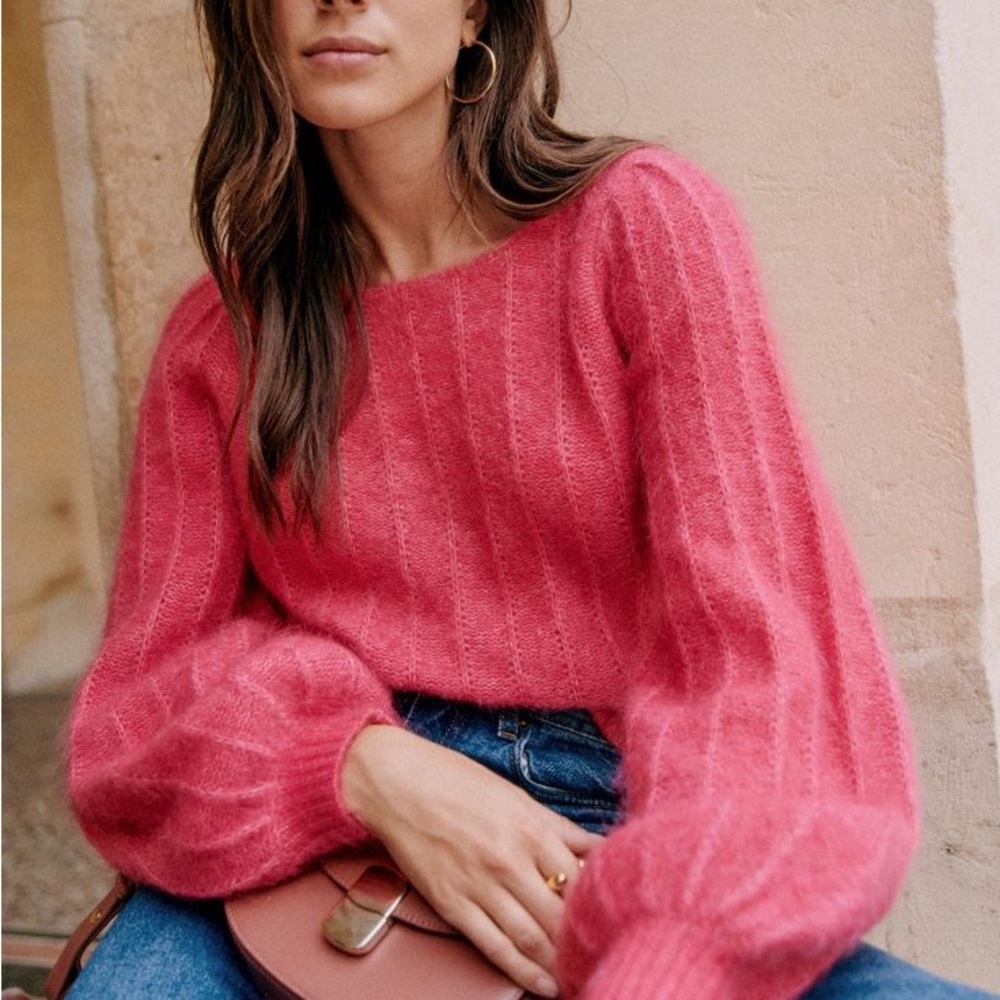 Sezane Pink Crew Neck Sweater with Balloon Sleeves
